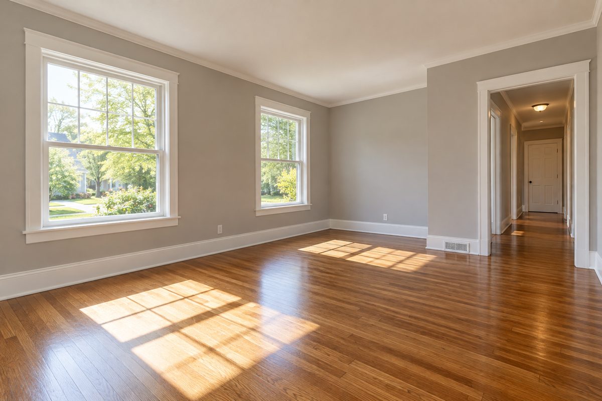 A living room after turnover: fresh paint, clean hardwood floors